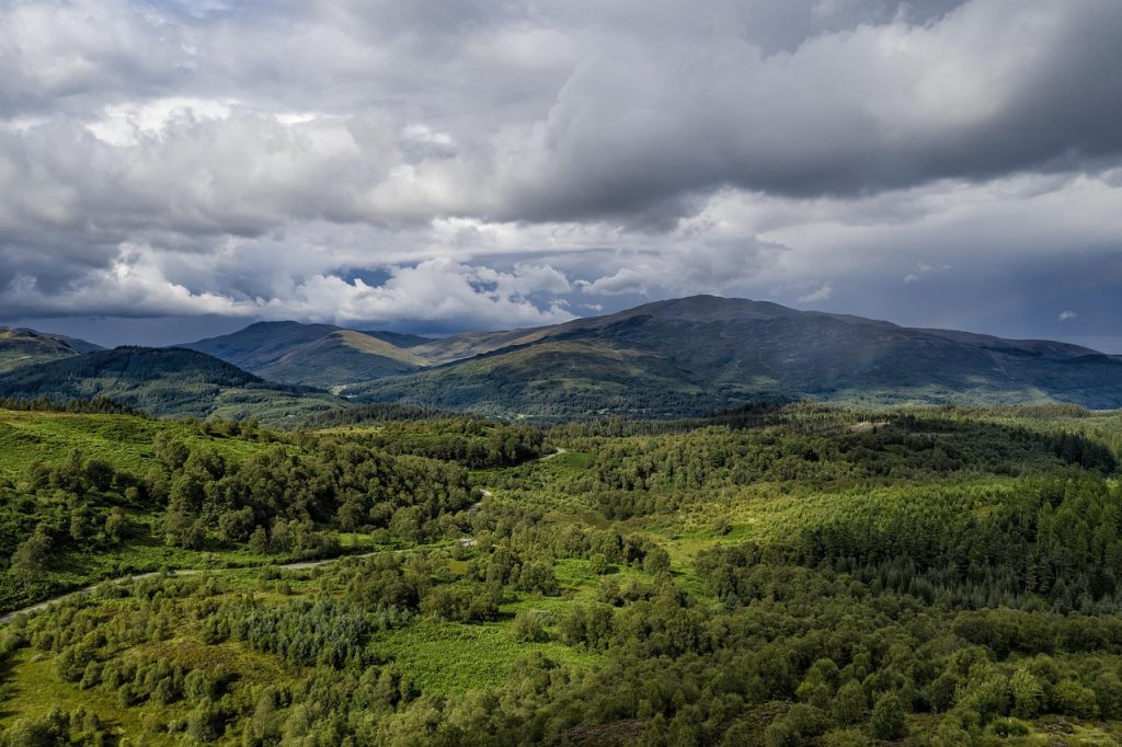 trossachs national park - dunblane, scotland, aerial view, hill, landscape, forest, trees, road, nature, clouds