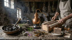 Un'immagine banner orizzontale di un laboratorio artigianale di sapone scozzese: un'artigiana lavora con torba bagnata, erba medica, mirto di palude, cardo e alghe kelp. Un alambicco di rame distilla l'olio essenziale mentre una colata di sapone viene versata in uno stampo di legno con erica. Un bicchiere di whisky e una saponetta finita con un timbro celtico riposano su un piatto di ceramica.