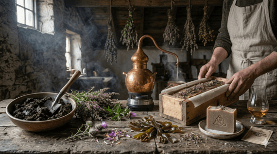 Un'immagine banner orizzontale di un laboratorio artigianale di sapone scozzese: un'artigiana lavora con torba bagnata, erba medica, mirto di palude, cardo e alghe kelp. Un alambicco di rame distilla l'olio essenziale mentre una colata di sapone viene versata in uno stampo di legno con erica. Un bicchiere di whisky e una saponetta finita con un timbro celtico riposano su un piatto di ceramica.